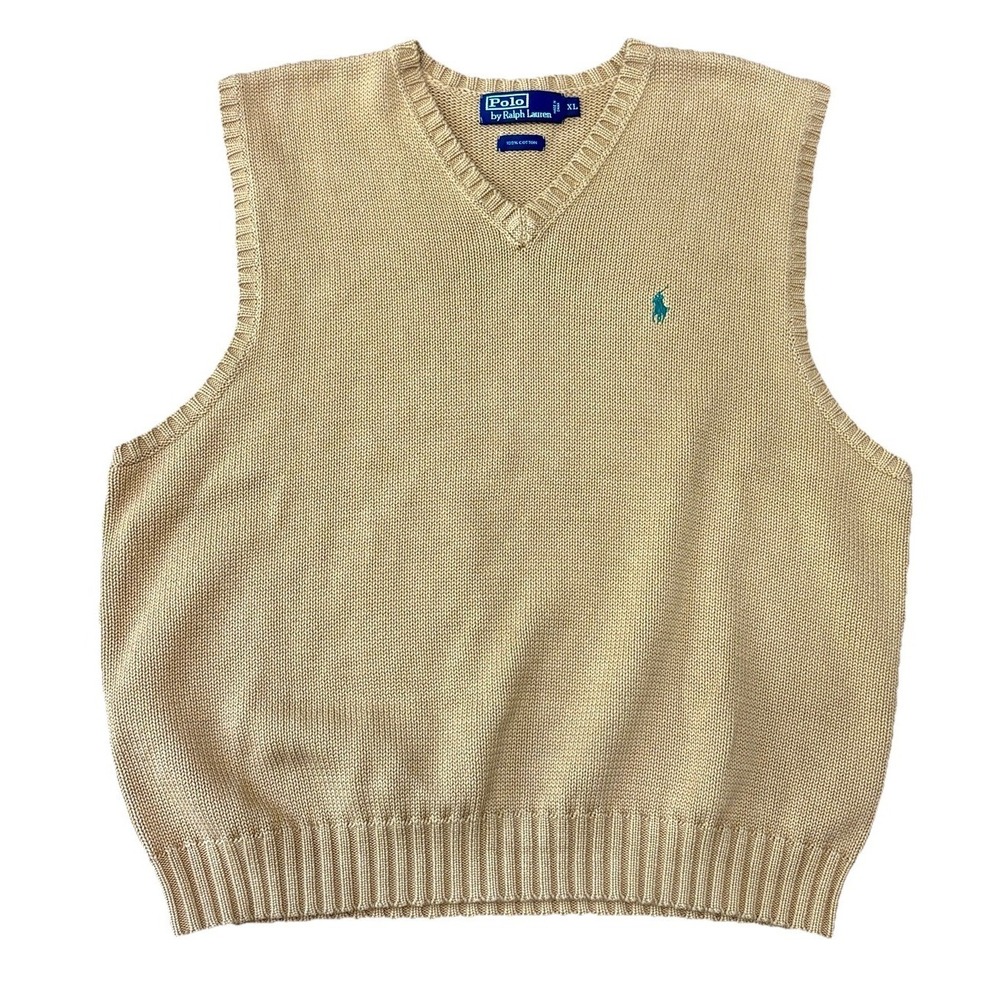 Polo Ralph Lauren Mens XL Vest Sweater Biege Brown Pony Preppy Cotton Knit 90s